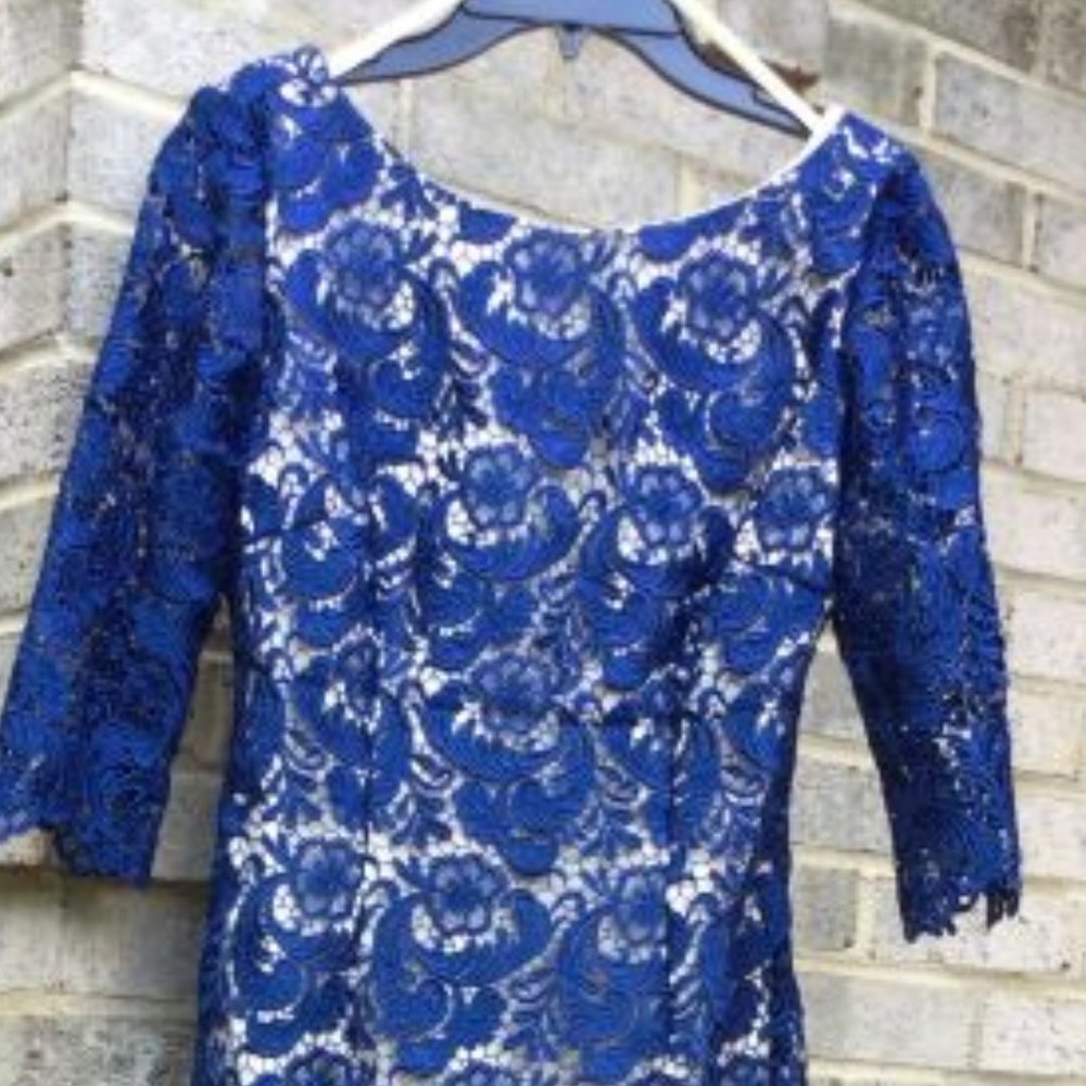 Eliza Blue Lace 3/4 Length Sleeve Midi Dress